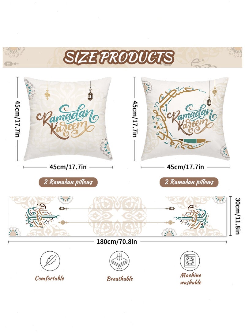 5-Piece Ramadan Decorations Set - 1 table runner + 4 cushion covers, perfect for dining table decor, holiday gifts, and living room accents. - Image 2